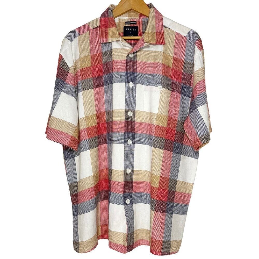 TRUST Mens Linen Blend Short Sleeve Button Up Shirt‎ Size Large Red Plaid Pocket